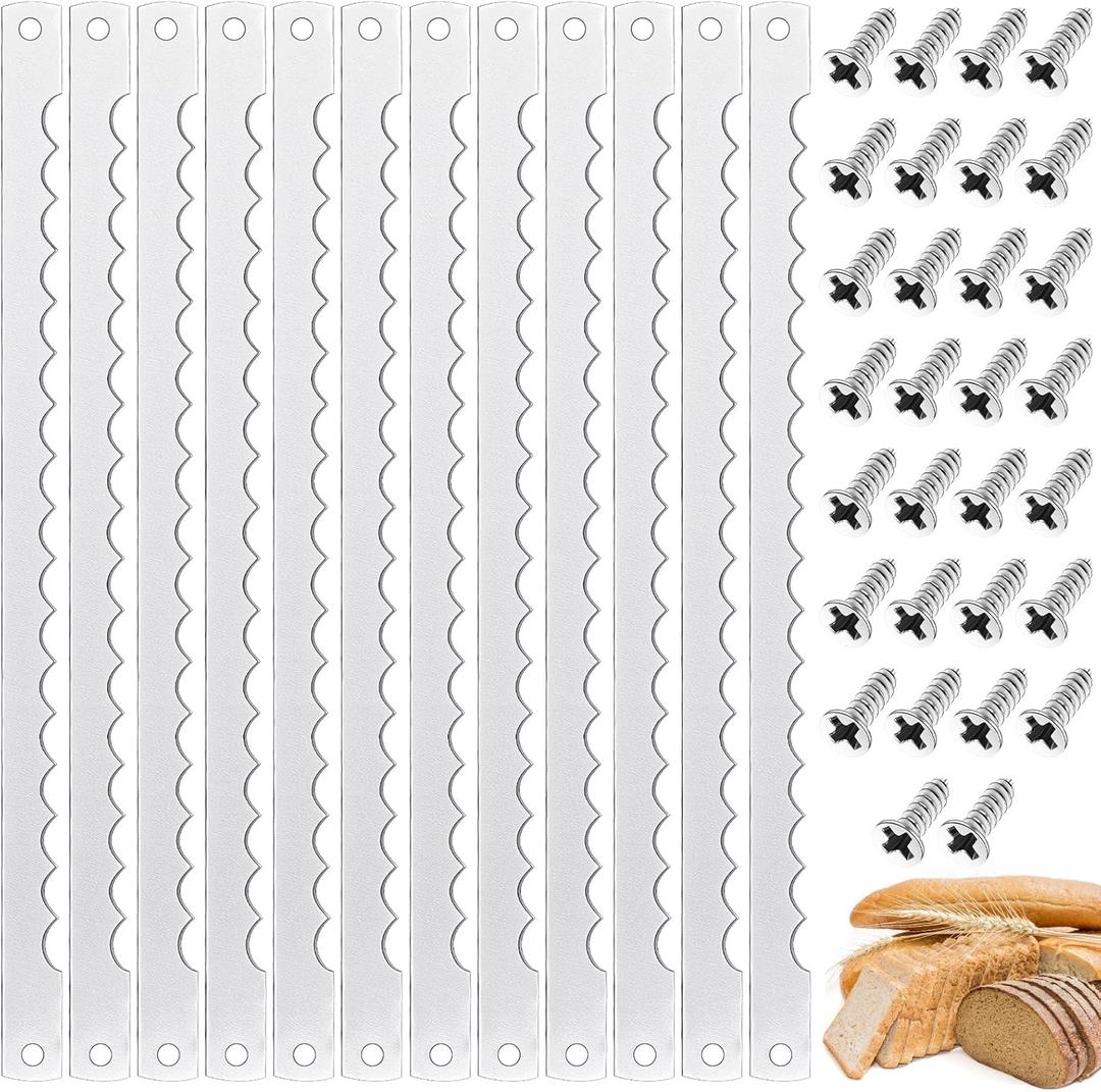 Therwen 12 Pcs Bread Bow Knife Blades 10.8" Serrated Stainless Steel Blades with Screws Replacement for Wood Bread Cutter, Sourdough, Baguettes, Cakes