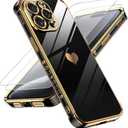 LeYi for iPhone 15 Pro Max Case: with Tempered Glass Screen Protector [2 Pcs]+ Full Camera Lens Protection, Love Heart Plating Cute Luxury Soft TPU Shockproof Case for iPhone 15 Pro Max, Black (3 Pcs)