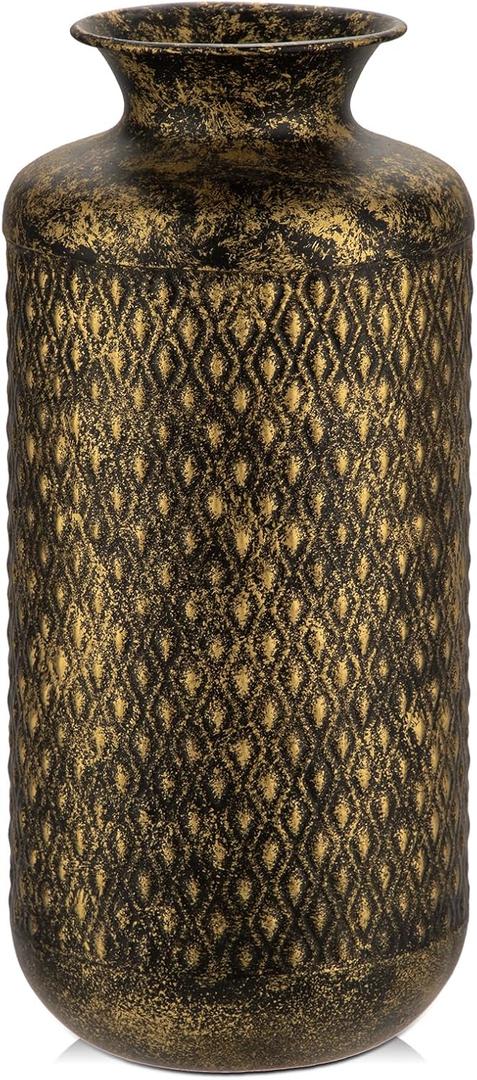 Flower Vase Rustic Metal Vase, 14" Black and Gold Pattern Vase for Farmhouse Home Décor Artificial Flowers and Centerpieces
