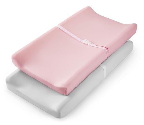 TILLYOU Changing Pad Cover Set in Soft Jersey Material Diaper Changing Pad Cover Girl - Fits 32"/34''x16 Contoured Pad for Babies,Peachy Pink & Lt Gray