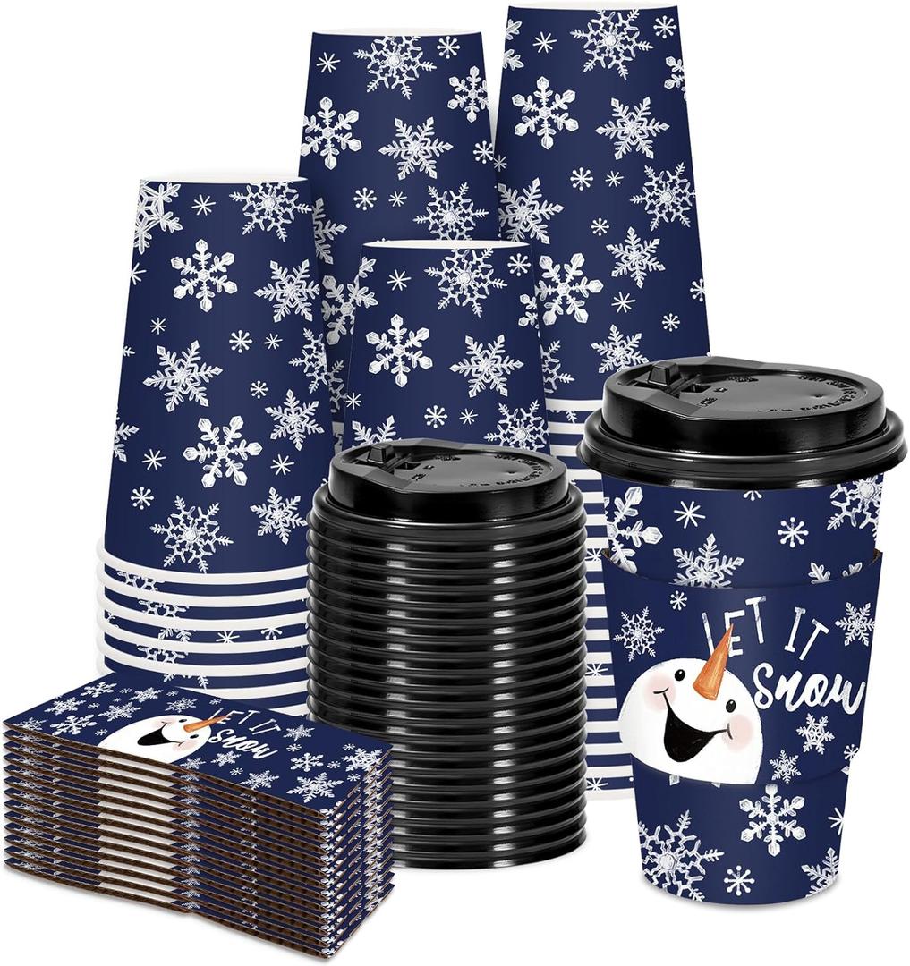 Whaline 50 Pcs Christmas Coffee Paper Cups Xmas Blue Snowman Snowflake Disposable Cups with Lids and Sleeves for Winter Holiday Party Supplies Hot Cold Drinks, 16 Oz