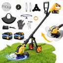 6000mAh Cordless Electric Weed Wacker, 12" Brushless Cordless String T,rimmer, 4 in 1 Weed Eater/Brush Cutter/Weed Trimmer with 2*Batteries Powered & Auxiliary Wheels, Grass Trimmer (Yellow)