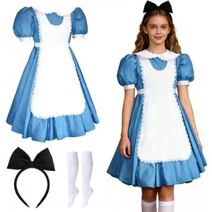 IMISHM Halloween Cosplay Costume Halloween costume for Girl Blue Dress White Apron With Bow HeadBand Stockings (13)
