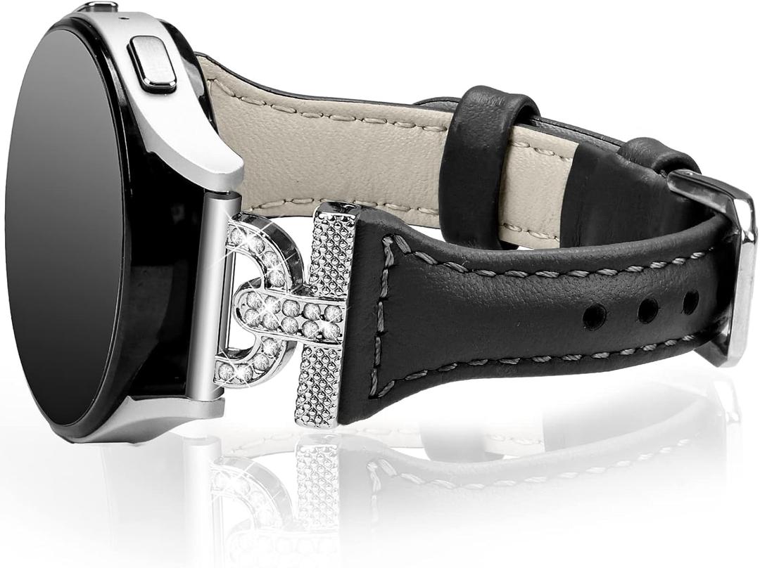 JOYOZY Genuine Leather Bands Compatible with Samsung Galaxy Watch 7/6/5/4/FE 40mm 44mm/Watch 5 Pro 45mm/Watch 6/4 Classic 42mm 46mm 43mm 47mm/Active2,Metal D-Shape Slim Leather 20mm Wristband Straps (Black+Silver Buckle)