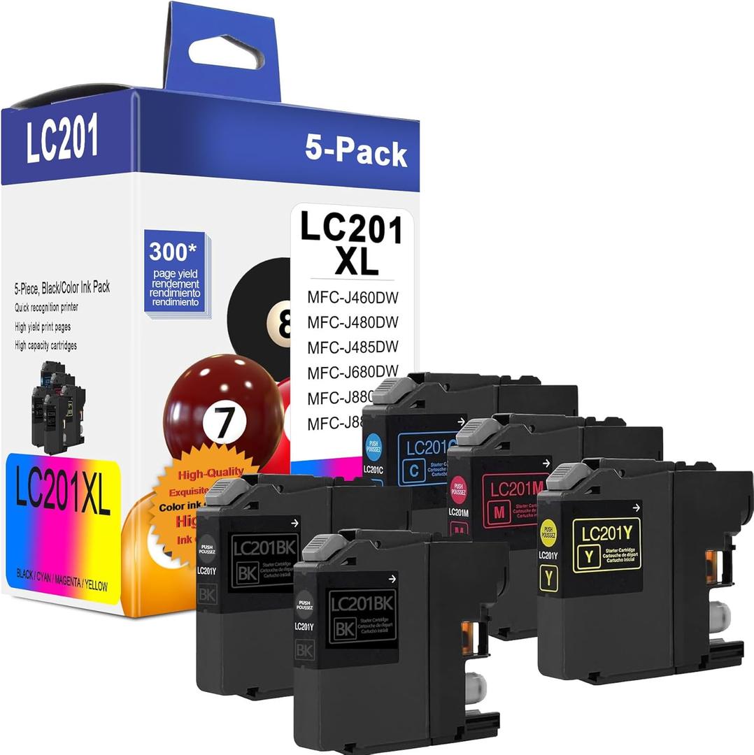 LC201 (LC-201) Color (BK/C/M/Y) Ink Cartridge 5-Pack (Includes 2 LC201BK, 1 LC201C, 1 LC201M,1 LC201Y) - LC203 Ink Cartridge Replacement for Brother MFC-J460DW MFC-J480DW MFC-J485DW MFC-J880DW Printer