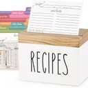 Dahey Wooden Recipe Box White Recipe Organizer with 100 Recipe Cards and 6 Dividers, Recipe Card Holder Box Set with Lid and Slots to Write in Your Own Recipes for Cooking Lover Kitchen, 6.9''x4.3''