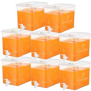 Domensi 8 Pack 2 Gallon Drink Dispenser for Fridge with Spigot Water Dispenser Leak Proof Lids Filter Screen Beverage Juice Container Sealed Plastic Lemonade Milk Cold Hot Drink Tea Jug for Party
