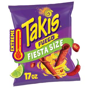 Takis Fuego 17 oz Fiesta Size Hot Chili Pepper & Lime Flavored Extreme Spicy Rolled Corn Tortilla Chips (EXP 12/07/26)
