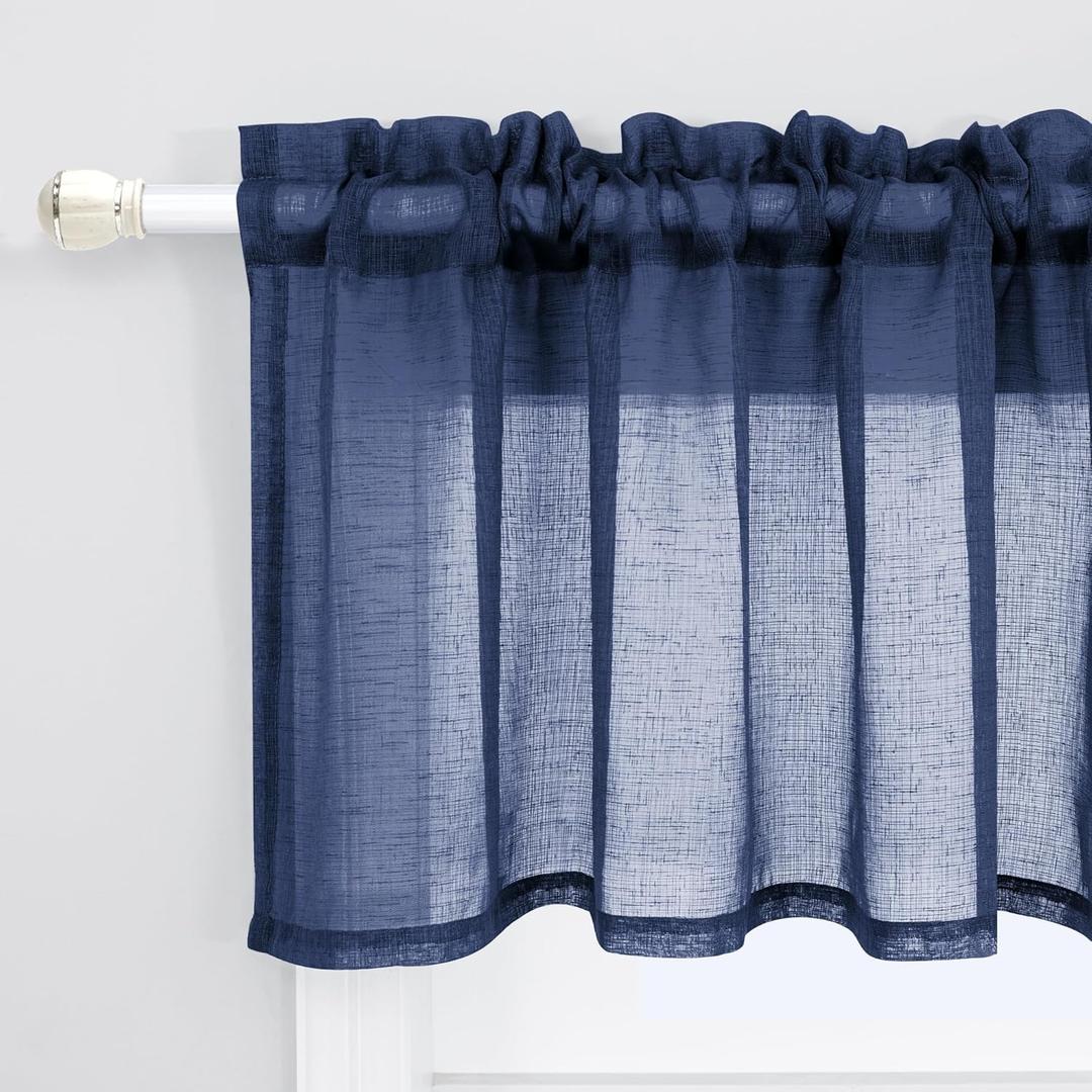 KOUFALL Navy Blue Valances for Windows,Sheer Linen Look Valance Curtains for Kitchen Bathroom,Dark Blue
