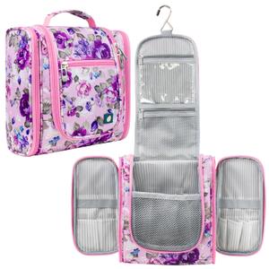 PAVILIA Toiletry Bag Travel Bag for Women Men, Hanging Cosmetic Organizer, Water Resistant Makeup Bag for Accessories Toiletries, Large Travel Essentials Kit (Floral Pink) (Standard (9x4x9))