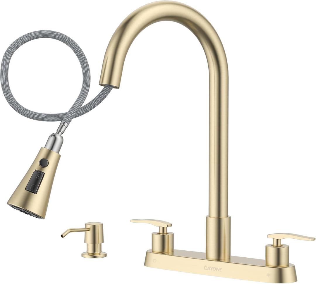 DAYONE 2 Handle Kitchen Faucet with Pull Down Sprayer Brushed Gold, 4 Holes Sink Faucets for Kitchen/RV with Soap Dispenser Stainless Steel
