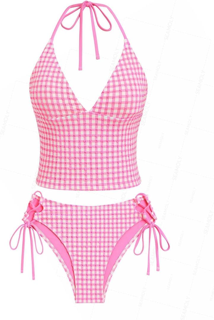 Jacquard Floral & Leopard Tankinis - Tankini Swimsuits for Women with Plunging Neck & Gingham Trim (Large, Light Pink)