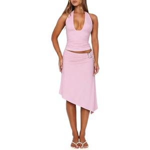 Goafuliy Women's 2 Piece Sets Deep V Neck Halter Top Asymmetrical Midi Skirt Set Summer Going Out Outfits (Pink, L)