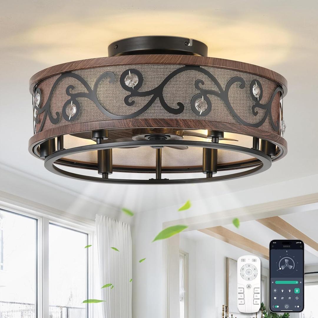 Chansim 20" Caged Ceiling Fan with Light, Flush Mount Fandelier Farmhouse Style, Low Profile Ceiling Fan with Remote, 6 Speeds and Reversible for Bedroom, Kitchen, Dining Room, Brown