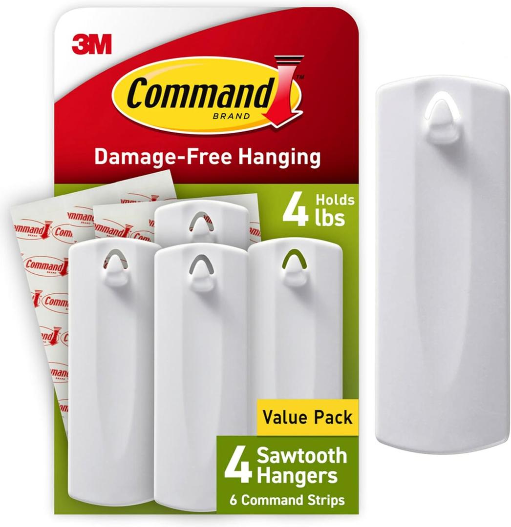 Command Sawtooth Picture Hangers, Damage Free Hanging Frame Hangers, No Tools Wall Hooks for Hanging Sawtooth Frames in Living Spaces, 4 White Picture Frame Hangers and 8 Command Strips