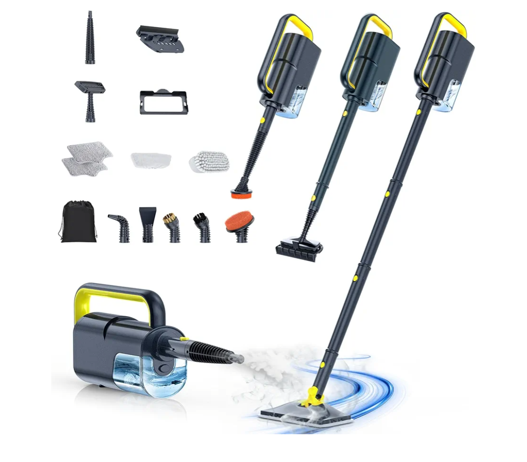 ScrubWiz Steam Mop Cleaner with Detachable Handheld Steamer, 10-in-1 Multi Accessories, Washable Microfiber Pads, 350ml and 2 Adjustable Levels for Cleaning Floor, Carpet, Grill, Tile, and Grout, Gray