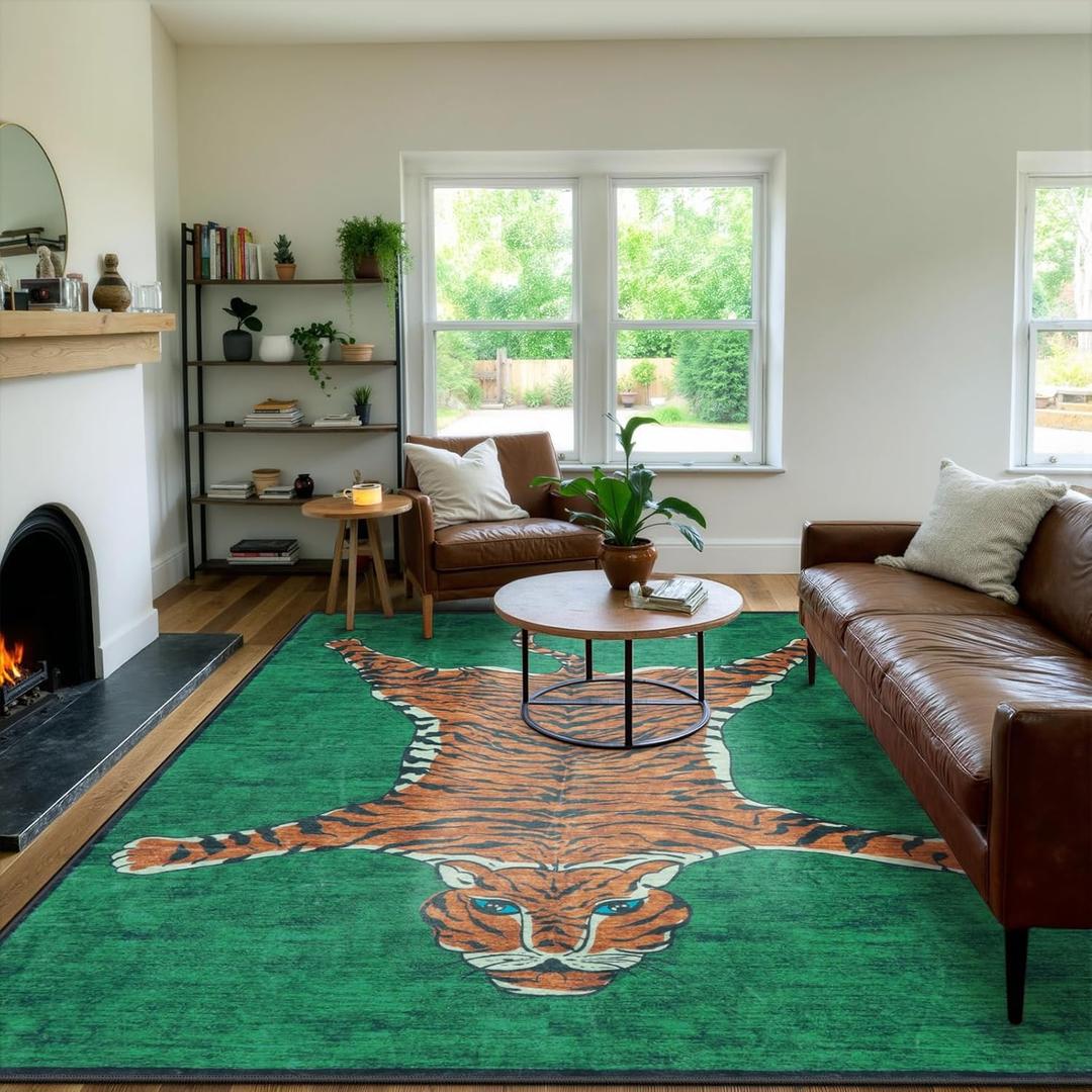 Seavish Tiger Rug 8x10 Rugs for Living Room Washable Green Animal Print Rugs for Bedroom Aesthetic Low Pile Modern Large Western Decor Accent Area Rugs Soft Floor Carpet for Playroom Dining Room