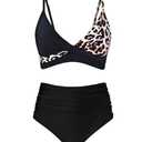 Amy Babe Women's High Waisted Bikini Sets Push Up Twist Front Spaghetti Straps Ruched Two Piece Swimsuit Bathing Suit Leopard Black, Size: Small