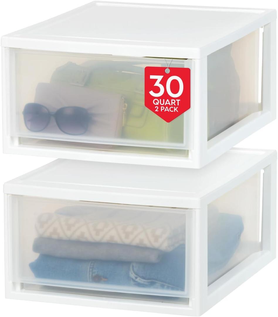 IRIS USA 30 Qt. Plastic Drawer Storage Organizer Stacking Drawers, 2-Pack, Stackable Unit with Sliding Drawer for Clothes Bedroom Kitchen Under Sink Pantry Craft Room Bathroom Dorm Office, White