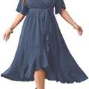 SCOMCHIC Women's Plus Size Summer Dresses Short Sleeve Wrap V Neck Swiss Dot Boho High Low Split Ruffle Maxi Dress 3XL