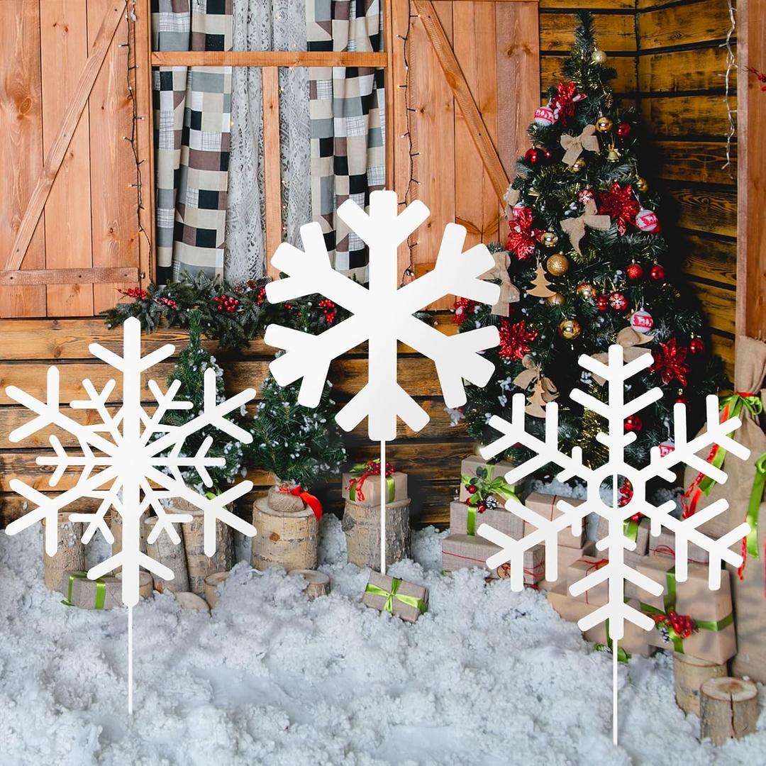 3 Pcs Large Christmas Snowflake Yard Signs Metal Snowflake Garden Stakes Xmas Winter Lawn Decorations Outdoor White Decorative Yard Decoration with Stake for Christmas Holiday Decor