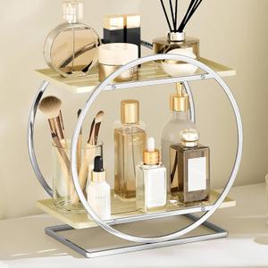 Perfume Organizer for Dresser, 2-Tier Bathroom Counter Organizer, Elegant Makeup Organizer for Vanity, Multi-Purpose Cosmetics Skincare Organizers Countertop (Silver Frame & Cream White Tray)
