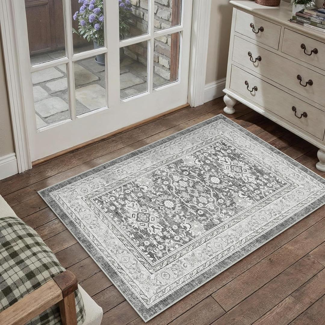 HUGEAR 2x3 Entryway Rug Vintage Grey Small Area Rug Machine Washable Door Mat Retro Floral Low Pile Carpet Vacuumable Distressed Throw Rug Entrance Kitchen Bathroom Bedroom Non Slip Lightweight