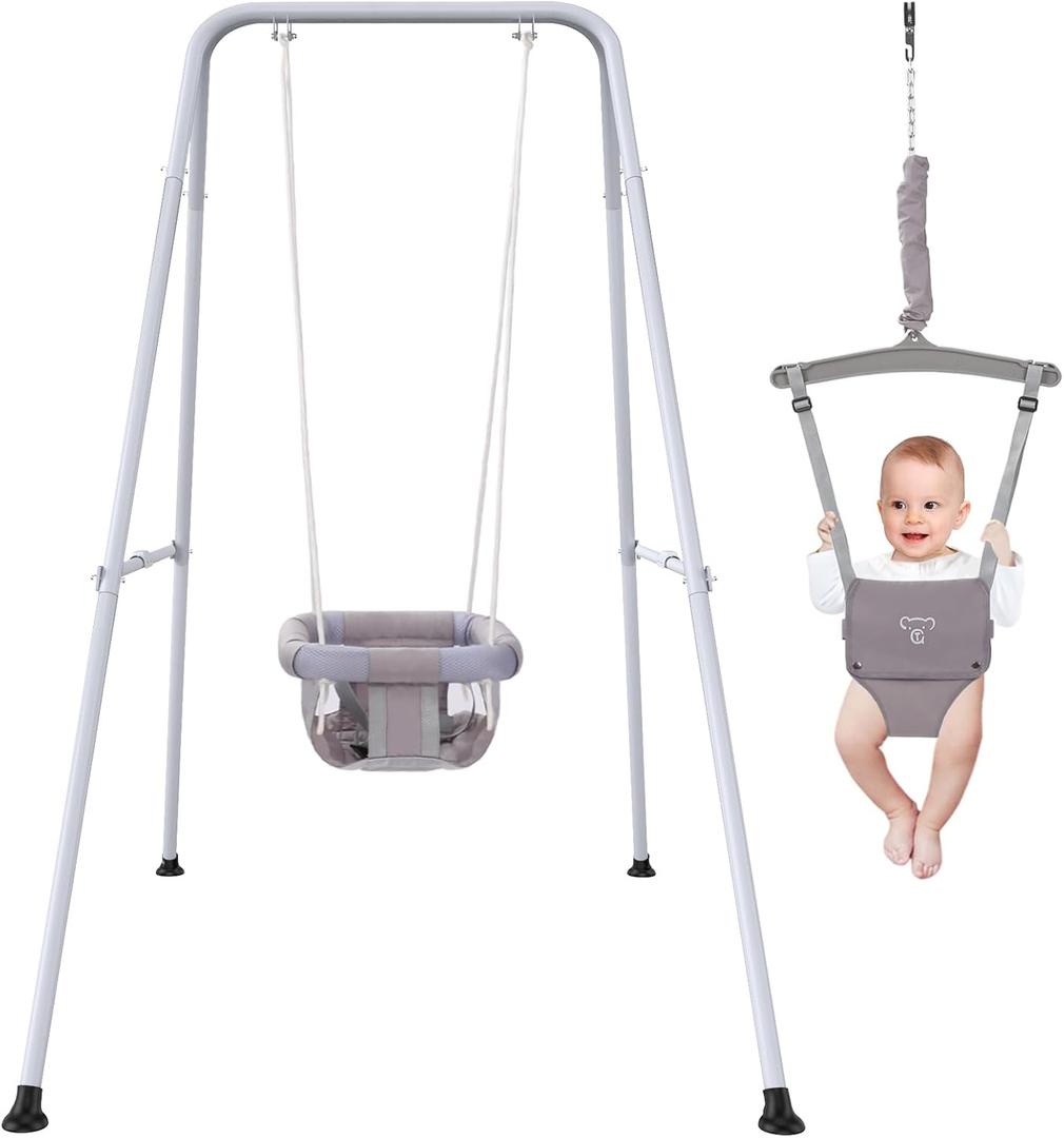 2 in 1 Baby Jumper with Swing, Baby Swing Indoor and Outdoor Use, Baby Jumpers and Bouncers, Toddler Swing with Foldable Stand (Gray)