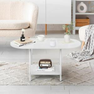 White Coffee Tables for Living Room,2-Tier Small Coffee Table Industrial Modern Oval Center Table with Storage Shelf and Wood Tabletop,for Small Space,Home Office