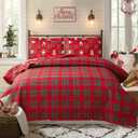 Christmas Quilt Set King Size Xmas Bedding Red Buffalo Plaid Patchwork Quilts Reversible Christmas Bedspread Set Rustic Lodge Moose Coverlet Lightweight Quilt Holiday Xmas Snowman Elk Decor