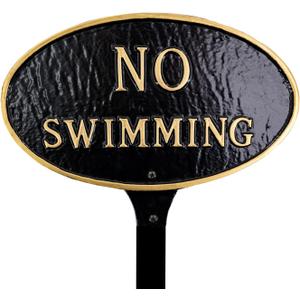 8.5" x 13" Standard Oval No Swimming Statement Plaque Sign with Lawn Stake - Black/Gold