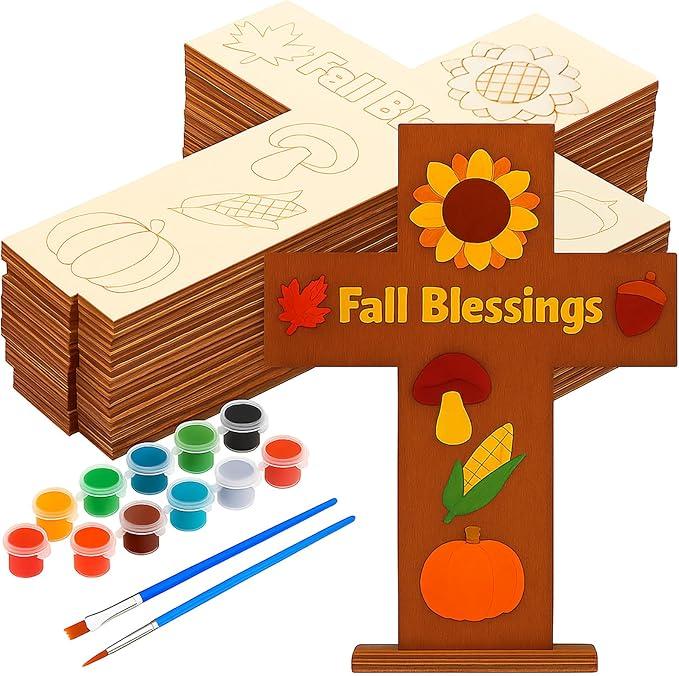 DoubleFill 12 Sets Religious Fall Blessing Wood Cross Craft to Paint for Kid Unfinished DIY Fall Cross Craft Kit for Painting Make Your Own Christian Thanksgiving Sunday School Church Classroom Autumn