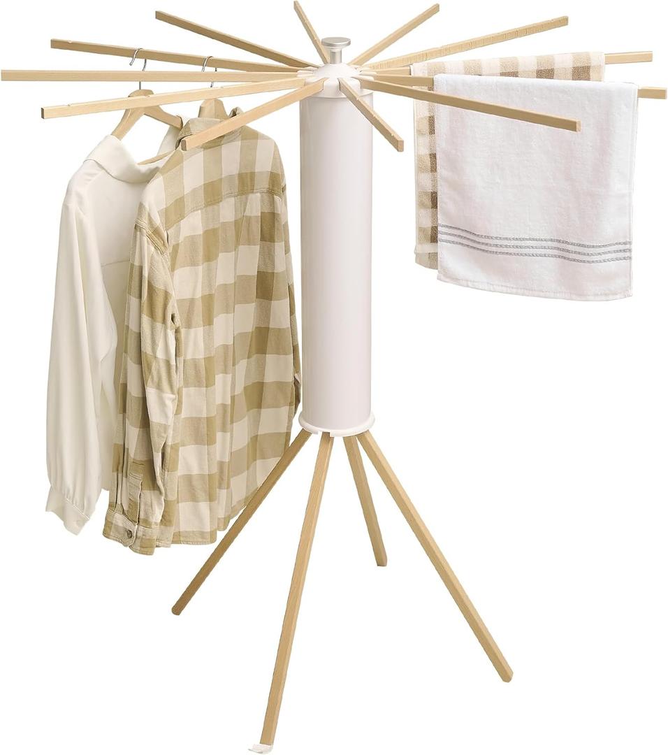 JOOM Four Legs Clothes Drying Rack, Garment Rack Portable and Foldable Space Saving Laundry Drying Rack - Drying Rack Floor Folding Balcony Bedroom Solid Invisible Household (Wooden-4 Legs)