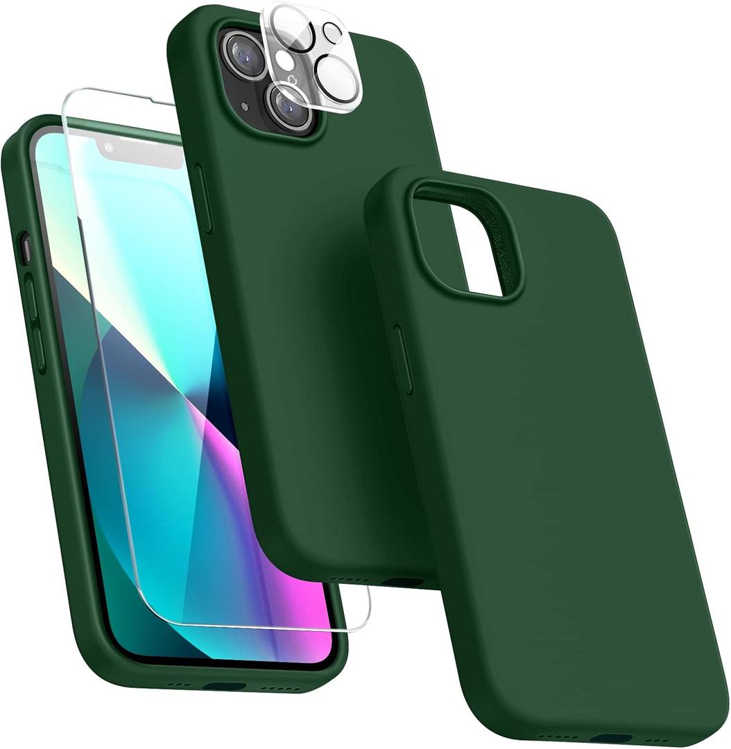 Dssairo 5 in 1 Designed for iPhone 13 Case, with 2 Pack Screen Protector,2 Pack Camera Lens Protector, Liquid Silicone Ultra Slim Shockproof Protective Phone Case Microfiber Lining 6.1,Alpine Green
