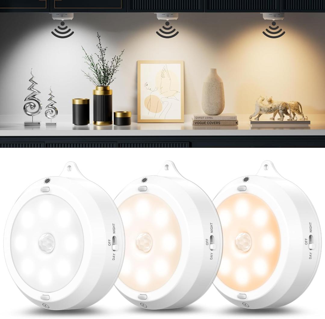 YiaMia Motion Sensor Under Cabinet Lights - 2 Pack, Indoor Smart Sensor Night Light, 3 × AA Battery Operated Wireless Stair Light, Dimmable Puck Lights Suitable for Kitchens, Wardrobes, Hallway