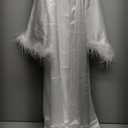 PRODESIGN Satin Kimono Robe Long Silky Bathrobe with Ostrich Feather Trim Sleepwear Wedding Bridesmaid Dressing Gown (One Size, White)