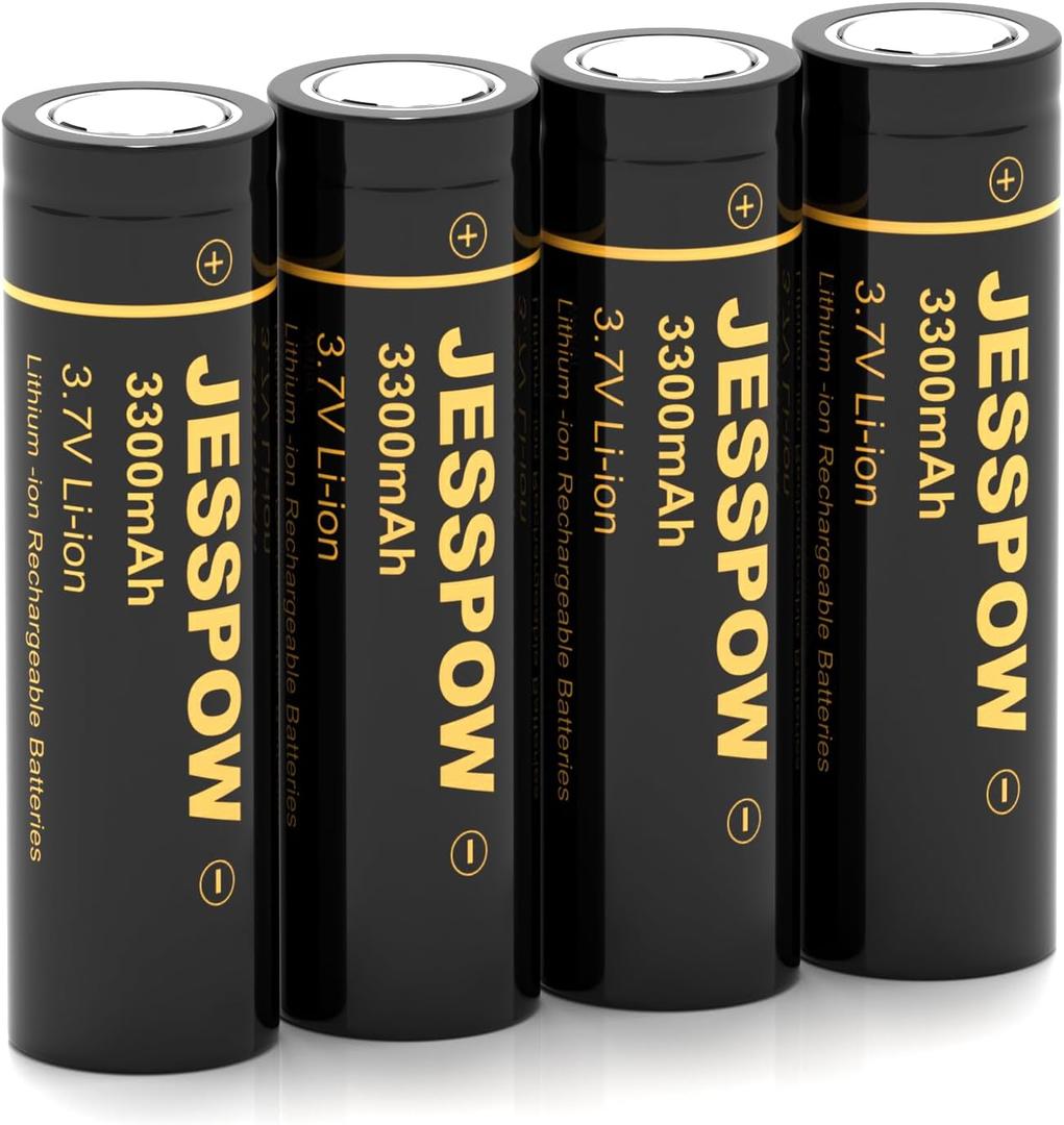 JESSPOW 18650 Rechargeable Battery 3.7V 3300mAh Flat Top, Batteries for Flashlight, Camera, Small Fan, Outdoor Garden Lights 4 Pack