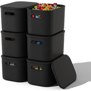 6 Pack Black Storage Bins with Lids Stackable Storage Container for Organizing, Black Storage Boxes with Handle for Shelves, Cute Organizer Bins for Craft, Snacks, 9.85x6.9x5.7 inch