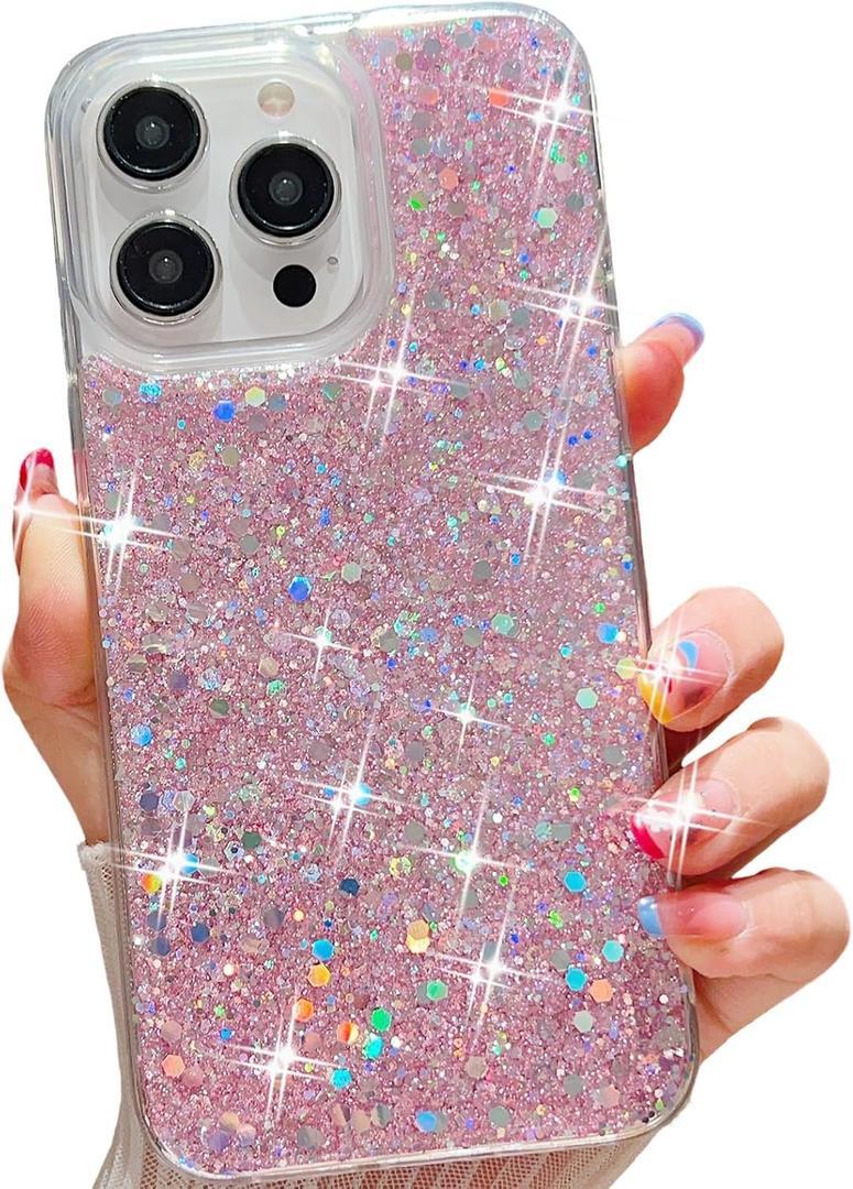 for iPhone 15 Plus Case Glitter, Shiny Bling Sparkly Design Phone Cover for Women Girls Cute Soft TPU Slim Shockproof Protective Phone Case for iPhone 15 Plus 6.7", Pink