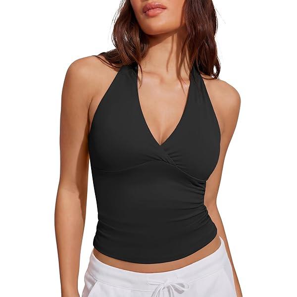 Women's Solid Color Sleeveless Casual Fitted Tank Top, Knit Low V-Neck Sexy Camisole, Fashion Summer, Medium, Black