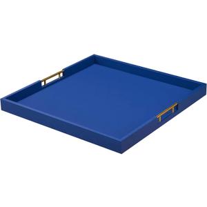 24x24 Inches Extra Large Blue Faux Leather Wrapped Wood Ottoman Tray with Golden Handles for Serving Food and Breakfast On Bed, Square Coffee Table Organizer, Home Decor and Decorative
