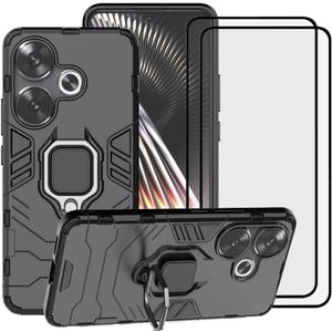 For Xiaomi Redmi Turbo 3 / Poco F6 5G Case, 2 in 1 Hybrid Heavy Duty Armor Shockproof Defender Kickstand Dual Layer Bumper Hard Back Case Cover Tempered Glass Screen Protector [2 Pack]Black