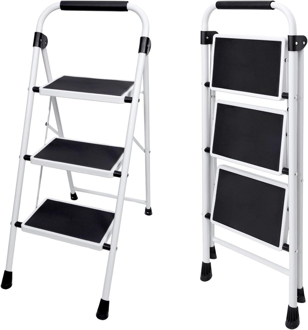 Sweetcrispy 3 Step Ladder, 330lbs Folding Step Stool with Anti-Slip Pedal | Lightweight Portable Stepping Stool with Sturdy Ladder, Convenient Handrail, for Kitchen, Garage & Outdoor Use, Black
