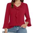 Funlingo Womens 3/4 Sleeve Tops Dressy Casual Ladies Chiffon Tunic Blouses V Neck Business Work Ruffle Shirts 2025 Summer Clothes (Red, L)