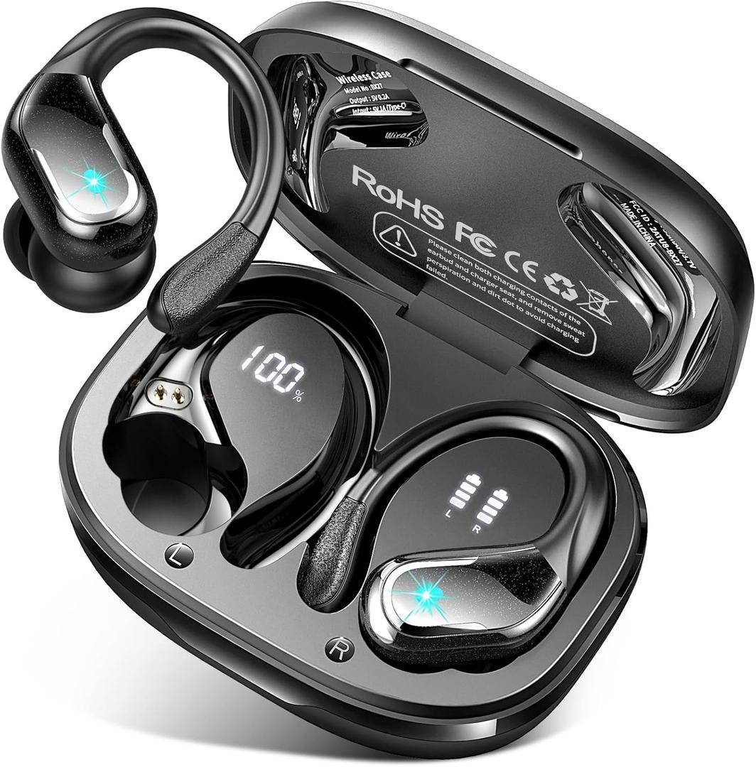 Wireless Earbud, 75Hrs Bluetooth 5.4 Headphones IP7 Waterproof for Sport, Running Wireless Earphones with ENC Noise Cancelling Mics, Deep Bass Over Ear bud with Earhooks for Android, iOS, Workout, Gym (Black)