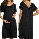 Ekouaer Women’s Nursing/Delivery/Labor/Hospital Nightdress Short Sleeve Maternity Nightgown with Button, M, Black