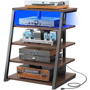 Armocity 5-Tier AV Media Stand with Power Strips, Media Console with LED Lights, Audio Tower Rack with Adjustable Shelves, Stereo Stands and Racks, 40.8'', Black Walnut
