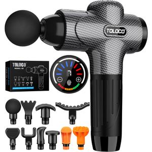 TOLOCO Massage Gun, Back Massager 10 Replacement Head for Pain Relief Deep Tissue, Percussion Massage Guns 7 Speed Level Super Quiet Electric Massager Mothers Day Gifts, Carbon