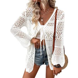 Women Crochet Cardigan Lightweight Tie Front Hollow Out Long Sleeves Summer Knit Cover Cardigans, XL