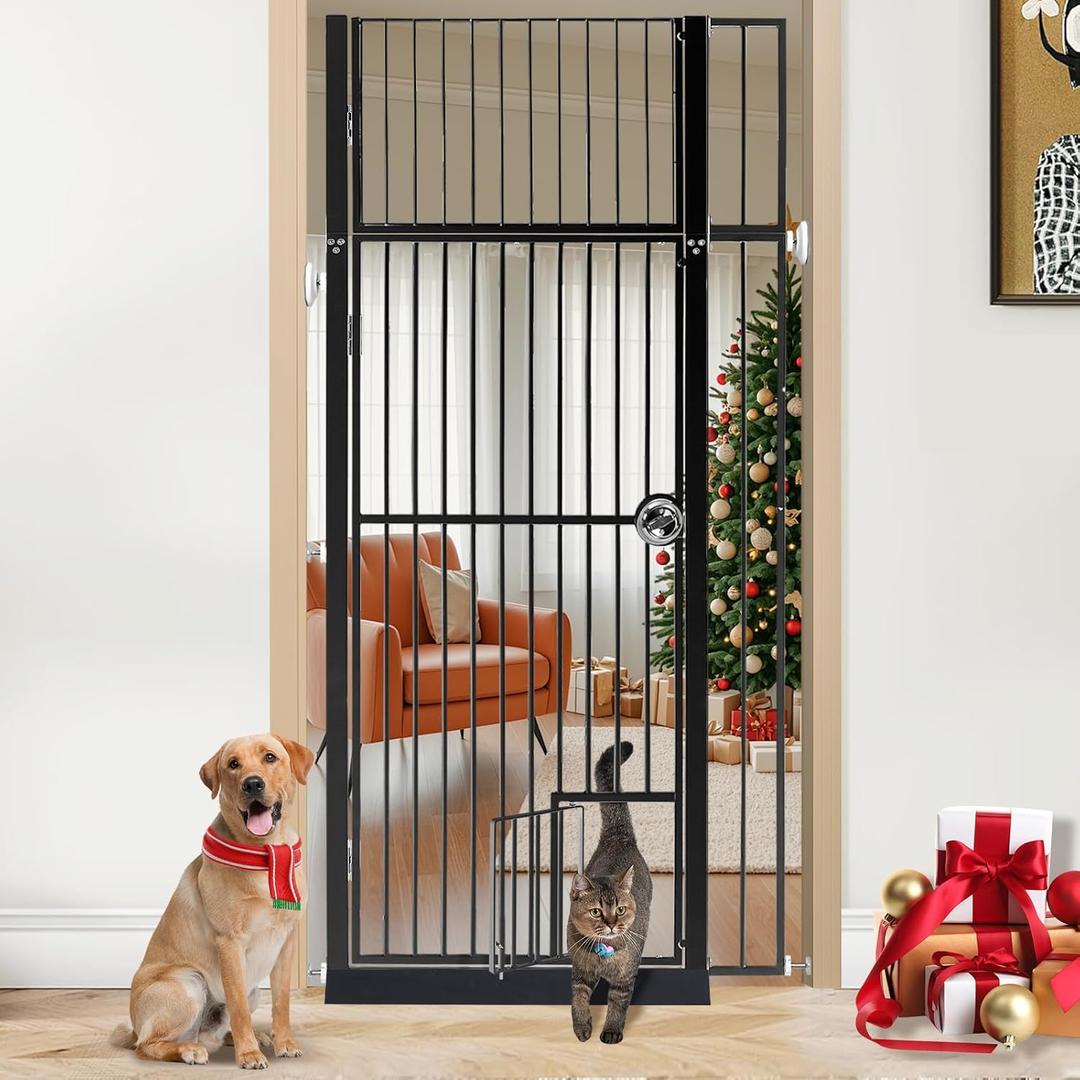 71" Extra Tall Pet Gate with Cat Door, Fits for 28.7"&37.5" Extra Wide Pressure Mounted Pet Barrier Auto-Close Safety Cat Gate with Walk Through Door Latch, Black, No Drill